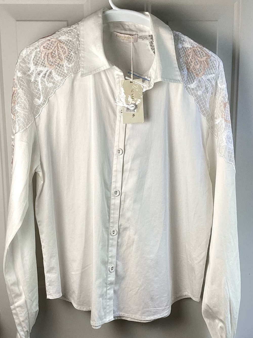 Ramy Brook White Cotton Button-Up Blouse with Lace Shoulder Detail